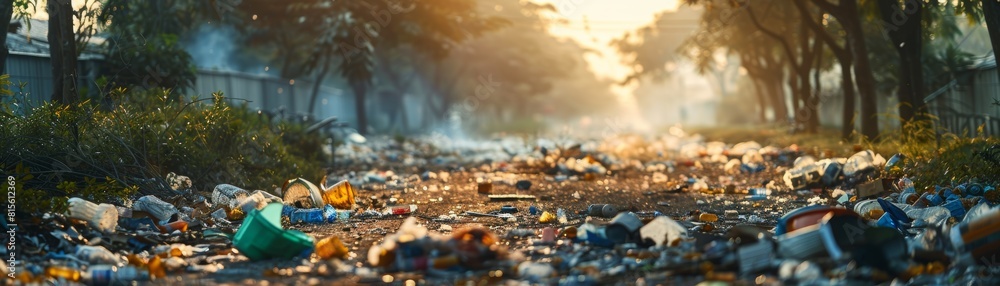 The image shows a large amount of trash and debris on the ground in a forest setting The image shows a large amount of trash and debris on the ground in a forest setting