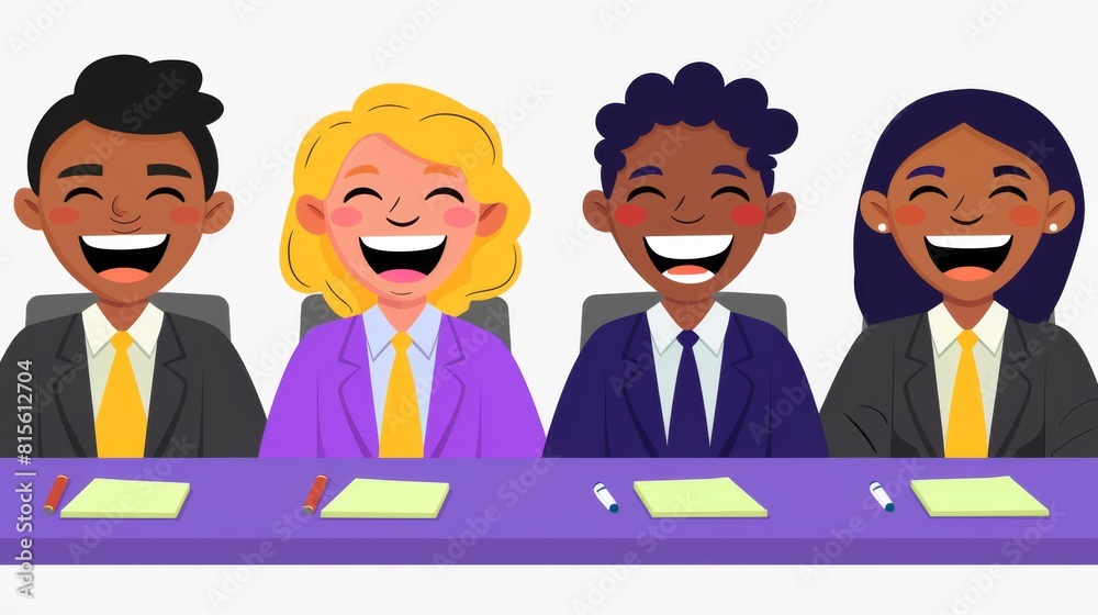 Cheerful animated businesspeople are laughing together in a meeting, with notepads and pens on the table. Cheerful animated businesspeople are laughing together in a meeting, with notepads and pens on the table.