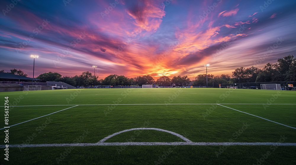 Soccer Field at Sunset with Vibrant Sky and Stadium Lights. Copy space. Generative AI	