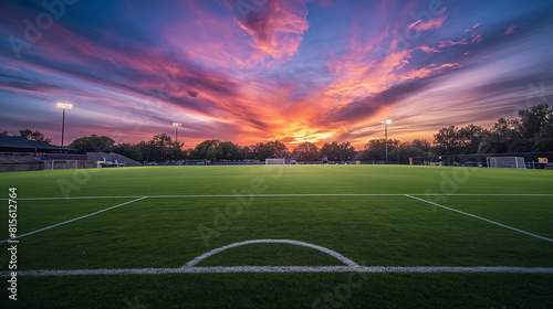 Soccer Field at Sunset with Vibrant Sky and Stadium Lights. Copy space. Generative AI  © Volodymyr