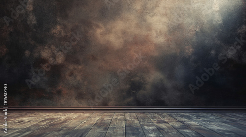Rustic wooden floor and textured dark wall background. Copy space. Generative AI	 photo