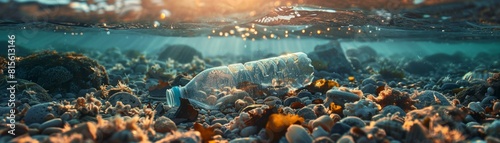 The image shows a plastic bottle floating in the ocean. The bottle is surrounded by colorful fish and coral reefs. photo