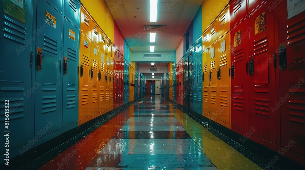 School lockers line the hallway like colorful sentinels