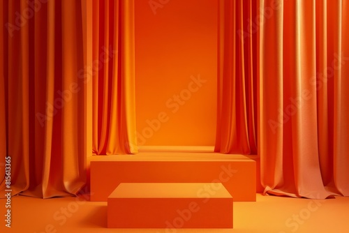 Vivid orange background featuring an uncluttered podium setup, framed by coordinating orange curtains for a bold display