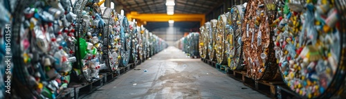 The image shows a warehouse full of plastic bottles. The bottles are stacked up high on shelves and there is a long aisle running down the middle of the warehouse.