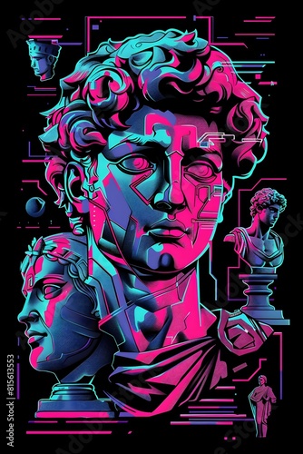 Sculptural Masterpiece A Digital Depiction of Pygmalion s Mythical Love and Creative Passion in Bold Synthwave Style photo