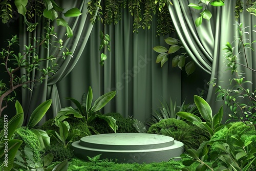 Lush green background with a central podium, surrounded by green curtains to emphasize natural or ecofriendly products