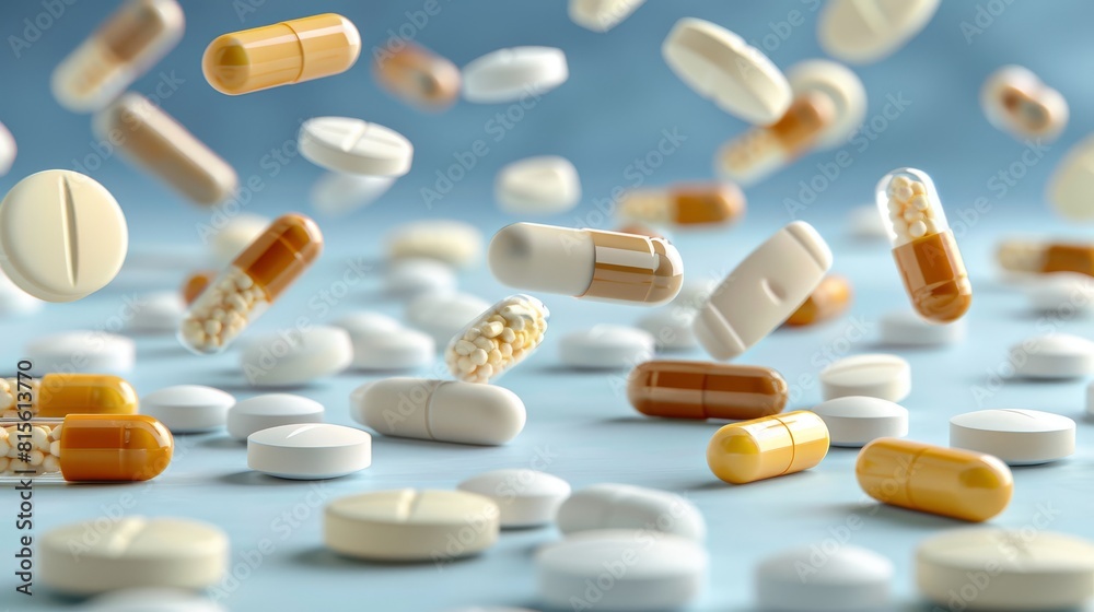 Falling multi-colored pills on a blue background, top view. Falling multi-colored pills on a blue background, top view.
