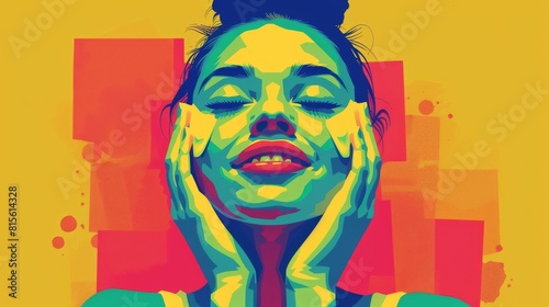 Illustration of a woman with vibrant colors applying skincare, eyes closed in a relaxed demeanor.