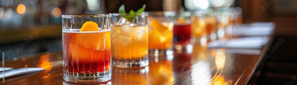 A variety of cocktails on a bar counter. A variety of cocktails on a bar counter.