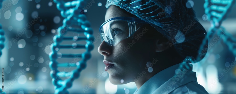 Hospital lab analysis of genetic testing, close up on advanced equipment usage, sharp and precise, double exposure silhouette with a DNA double helix Hospital lab analysis of genetic testing, close up on advanced equipment usage, sharp and precise, double exposure silhouette with a DNA double helix