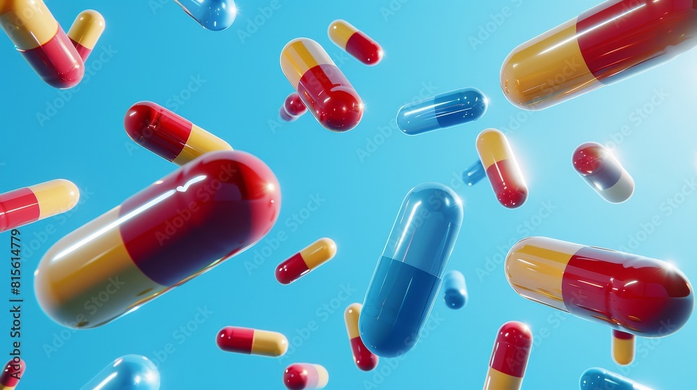 Falling multi-colored pills on a blue background, top view. Falling multi-colored pills on a blue background, top view.