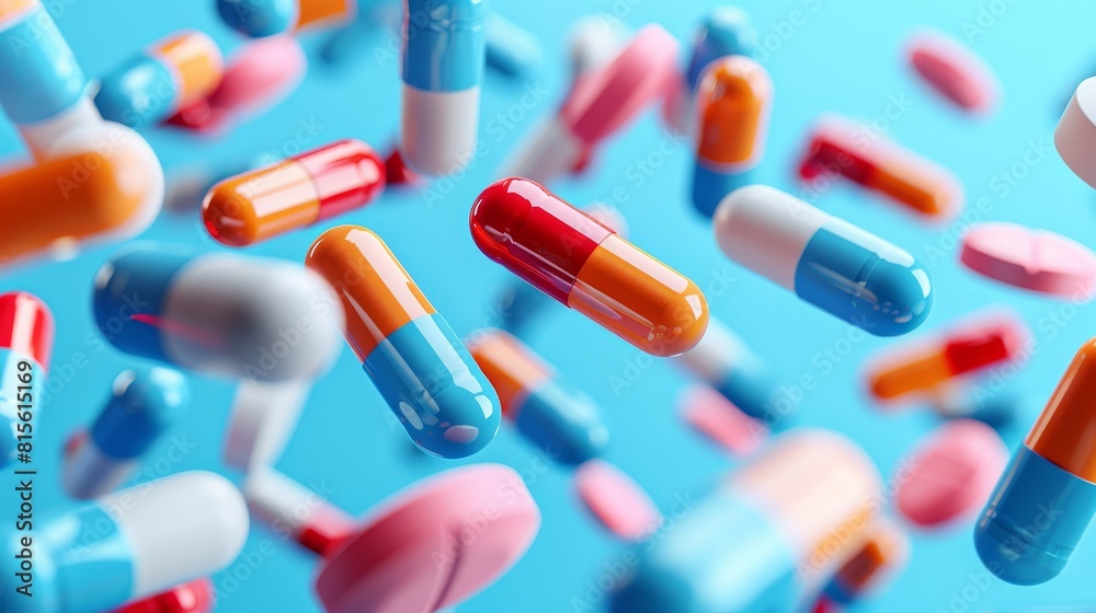 Falling multi-colored pills on a blue background, top view. Falling multi-colored pills on a blue background, top view.