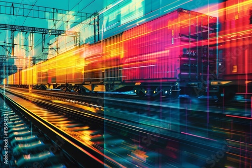 Highspeed intermodal train in action  close up of brightly colored containers  detailed and energetic  double exposure silhouette with a bustling port