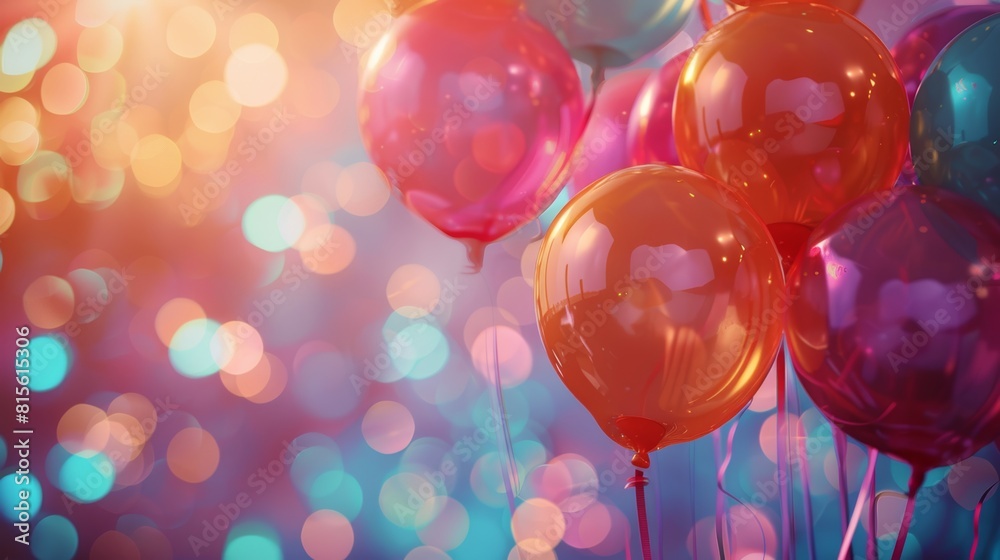 Helium balloons floating at a birthday party, close up of the shiny surfaces, vibrant colors pop, double exposure silhouette with a cake and candles Helium balloons floating at a birthday party, close up of the shiny surfaces, vibrant colors pop, double exposure silhouette with a cake and candles