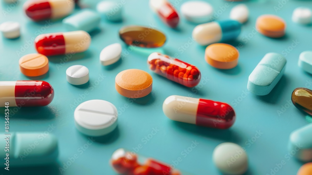 Falling multi-colored pills on a blue background, top view.