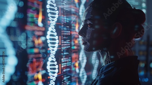 Highspeed data analysis in a genomics laboratory, close up of screens displaying DNA sequences, informative and bright, double exposure silhouette with genetic helixes photo
