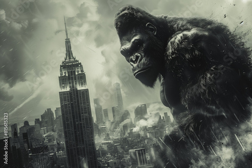 gorille géant dans la ville de new york au milieu des buildings et de l'armée photo