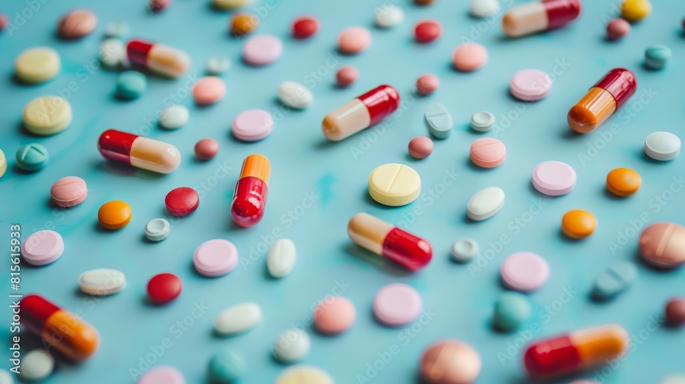 Falling multi-colored pills on a blue background, top view. Falling multi-colored pills on a blue background, top view.