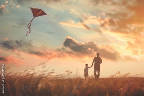 A heartwarming scene of a father and his child enjoying a sunny day while flying a colorful kite together.