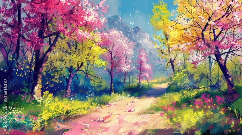 Colorful Trees. Rural Landscape with Spring Path and Blooming Trees in Digital Oil Painting Style Colorful Trees. Rural Landscape with Spring Path and Blooming Trees in Digital Oil Painting Style