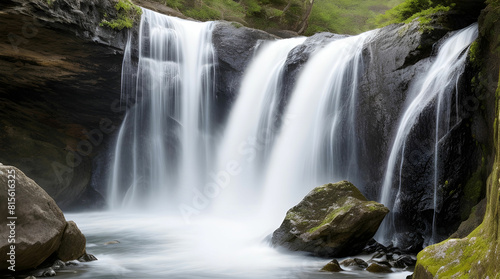 A crystal clear waterfall cascading down a rocky cliff, the water splashing against the rocks in a satisfying rhythm