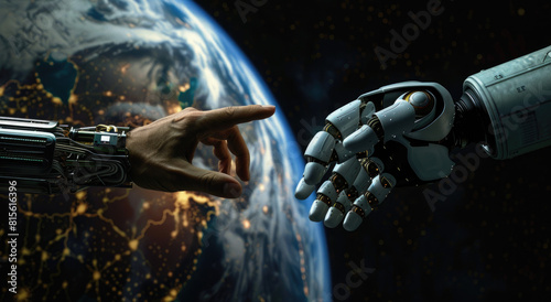 A human hand reaching out to touch the finger of an artificial intelligence robot  with Earth in the background of space. The concept symbolizes human connection and interaction through technology