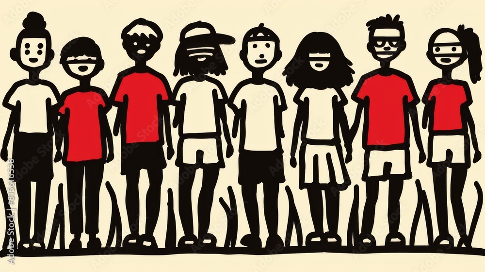 Illustration of a diverse group of cartoon friends standing together, having fun, depicted in a stylized and simplistic manner. Illustration of a diverse group of cartoon friends standing together, having fun, depicted in a stylized and simplistic manner.