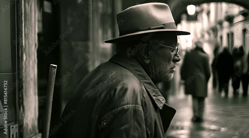 An old man in glasses and hat standing and thinking in the street, black and white footage An old man in glasses and hat standing and thinking in the street, black and white footage