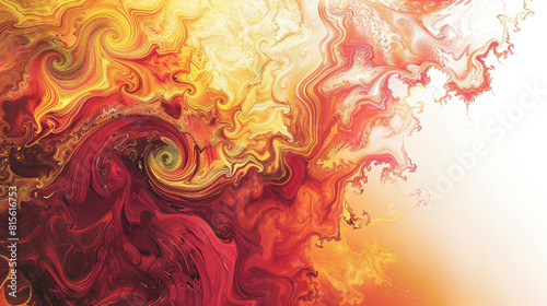 A gradient of warm colors from red to yellow, with swirling patterns and textures forming an abstract composition on a white background.