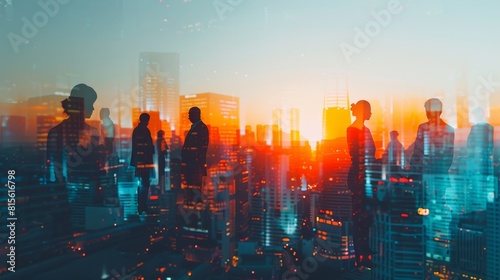  Silhouettes of business people merge with a futuristic cityscape photo