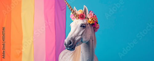 A unicorn adorned with a floral wreath gazes serenely under a rainbow flag on a minimalist backdrop. The fantastical and heartwarming scene is perfect for conveying messages of pride and diversity 
