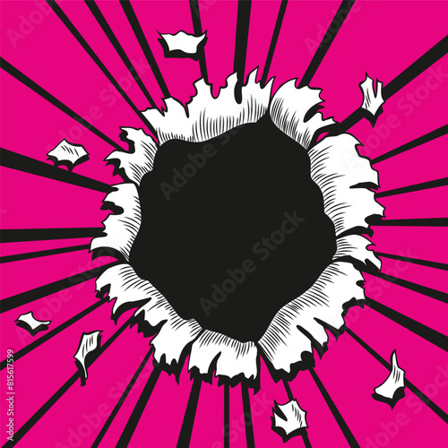 Comic book hole. Vector paper is torn through boom explosion. Circle hole in the middle on color background. Comic style cover template or flyer wallpapers