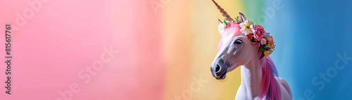 Against a soft, minimalist backdrop, a whimsical unicorn with a floral wreath stands alongside a bright rainbow flag. This charming and playful image emphasizes themes of pride and inclusivity, with