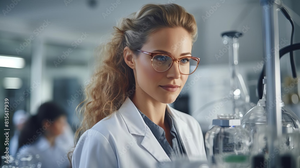 .A female scientist wearing a lab coat and safety glasses is working in a laboratory. She is looking at a glass flask containing a chemical solution.