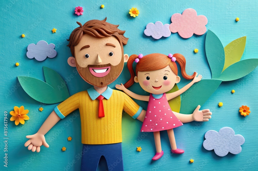 Papercut illustrations of cute father and his daughter on floral background Papercut illustrations of cute father and his daughter on floral background