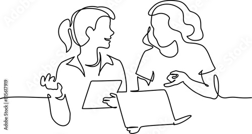 Two girl friends discussing Internet data using laptop. Line drawing
