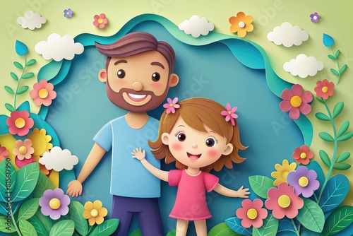 Papercut illustrations of cute father and his daughter on floral background