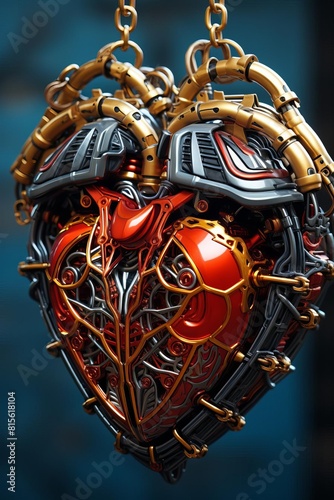 The image shows a mechanical heart made of metal and wires with a chain. photo