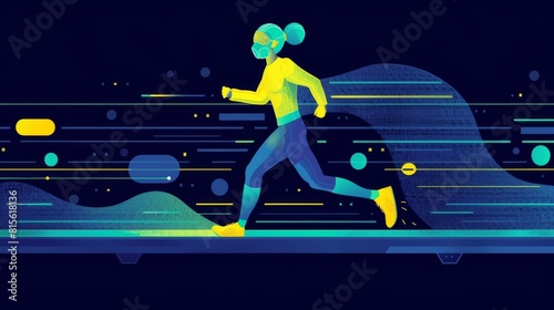 Illustration of a runner with a mask on a treadmill, surrounded by dynamic performance testing elements. photo