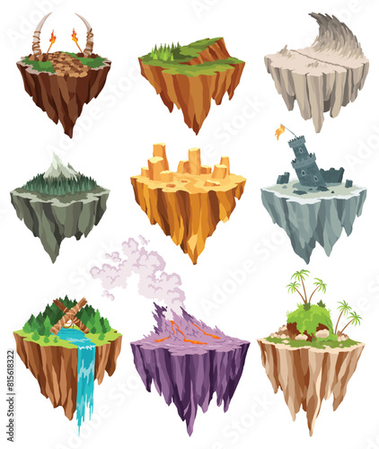 Game flying islands with volcanoes, waterfall, glacier and craters. Flying platform of exotic nature game island. Colorful flat vector elements for fantasy computer or mobile game