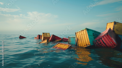 Several colorful containers floating in the ocean. The concept of shipwreck and loss of valuable cargo. Containers are sinking in the ocean