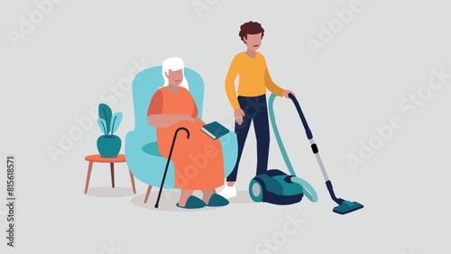 Adobe Illustrator Vektor-Illustration einer pflegebedürftigen älteren Person, die entspannt in einem Sessel sitzt, während eine Krankenschwester das Haus putzt - soziales KonzeptArtwork