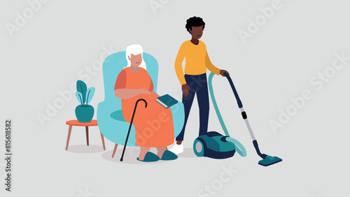 Adobe Illustrator Vektor-Illustration einer pflegebedürftigen älteren Person, die entspannt in einem Sessel sitzt, während eine Krankenschwester das Haus putzt - soziales KonzeptArtwork