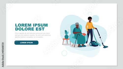 Adobe Illustrator Vektor-Illustration einer pflegebedürftigen älteren Person, die entspannt in einem Sessel sitzt, während eine Krankenschwester das Haus putzt - soziales KonzeptArtwork