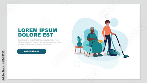 Adobe Illustrator Vektor-Illustration einer pflegebedürftigen älteren Person, die entspannt in einem Sessel sitzt, während eine Krankenschwester das Haus putzt - soziales KonzeptArtwork