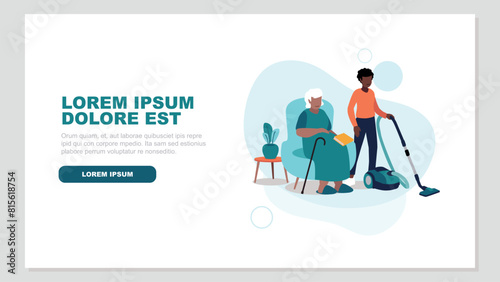 Adobe Illustrator Vektor-Illustration einer pflegebedürftigen älteren Person, die entspannt in einem Sessel sitzt, während eine Krankenschwester das Haus putzt - soziales KonzeptArtwork