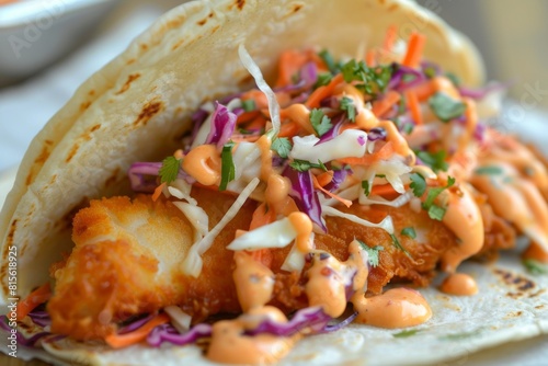 A vibrant close-up of a fish taco with crispy fried fish, tangy slaw, and creamy sauce