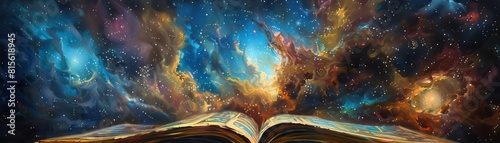 An atmospheric oil painting of an ancient alien script in a book, deciphered under the light of a foreign galaxy photo