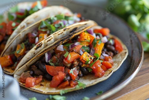 A vegetarian taco filled with roasted veggies, black beans, and topped with a spicy salsa photo